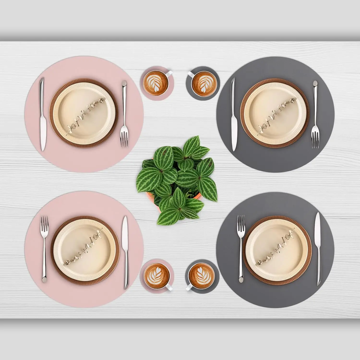 1/6/10 Sets Rosa-Graue Runde PU-Leder Tischsets & Untersetzer Set Ölbeständige Wasserdichte Isoliermatten für Küche Café Dekoration