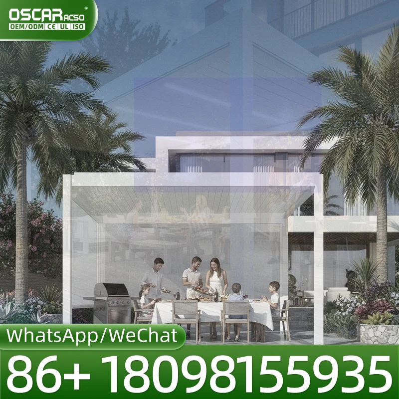 Retractable Aluminum Pergola Waterproof Louvered Outdoor Gazebo with Drainage System Retractable Shade Outdoor Patio Garden Back