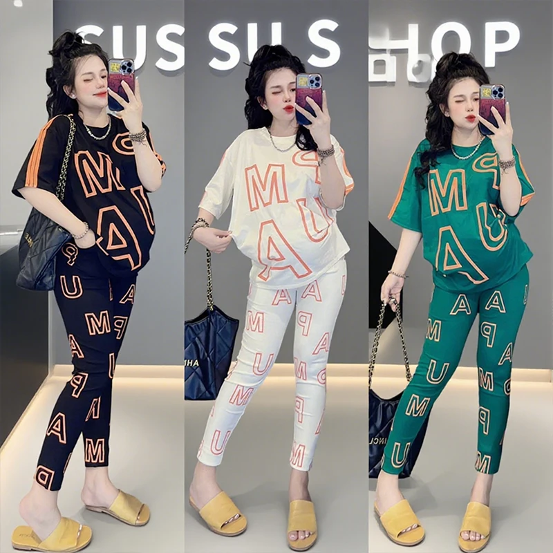 

Женский модный комплект, летняя свободная футболка с коротким рукавом, длинные штаны для йоги, спортивный комплект из двух предметов