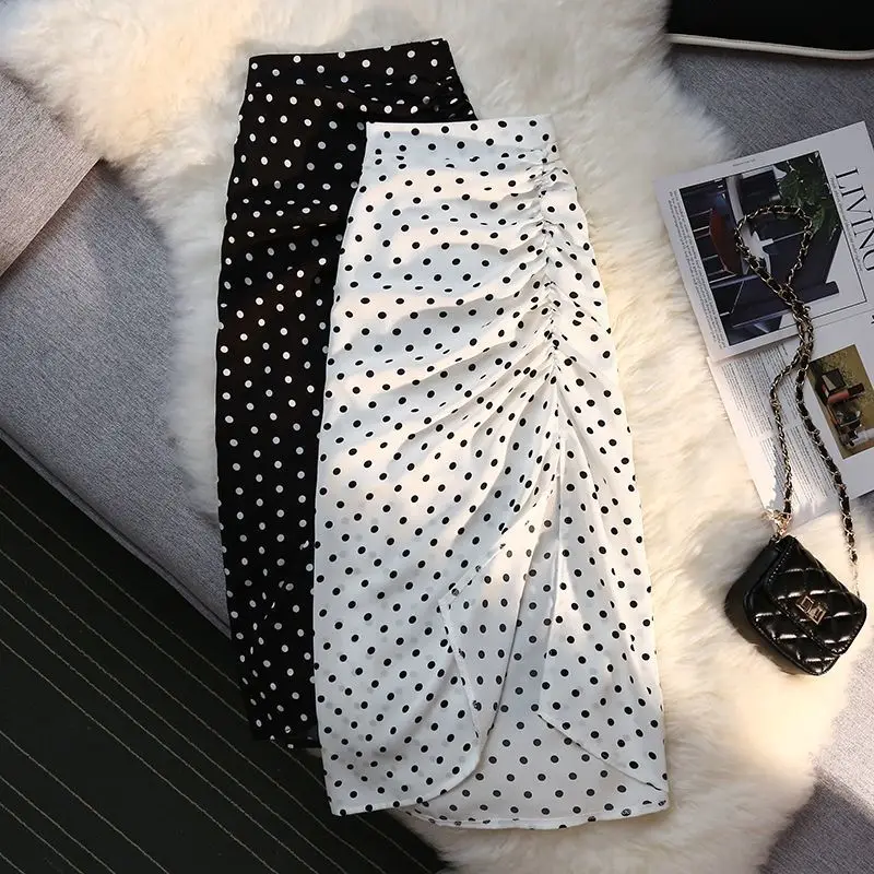High Waist Slit Hem Dot Printing Pleated Temperament A-line Skirt Summer Slim Elegant Midi Dress Fashion Office Women Clothing - Image 4