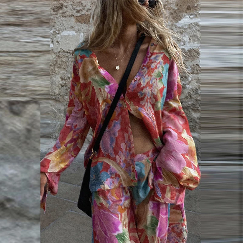 Lady Button Shirt and Long Pants Holiday Outfit Casual Floral Print Women's Two Piece Set Spring Summer 2025 Bohemian Loose Suit