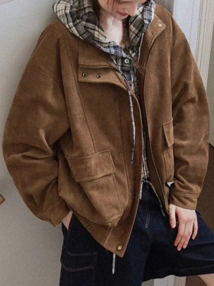 ZMEENNA veste zippée marron en faux daim pour femme avec poches vêtements d'extérieur chics et décontractés pour l'automne élégant léger ZM3788