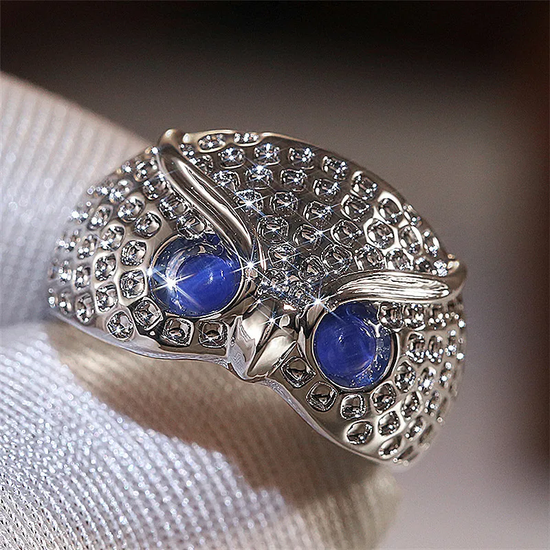 Fashion Cute Big Eyes Owl Ring With Blue Rhinestone CZ Rings For Women Adjustable Delicate Party Jewellery Accessories Gift