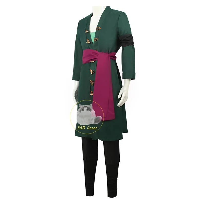 Disfraz de Cosplay de Anime Roronoa Zoro, uniforme verde, abrigo, cinturón, pantalones, bufanda para la cabeza, peluca, pendientes, ropa de Halloween para hombres