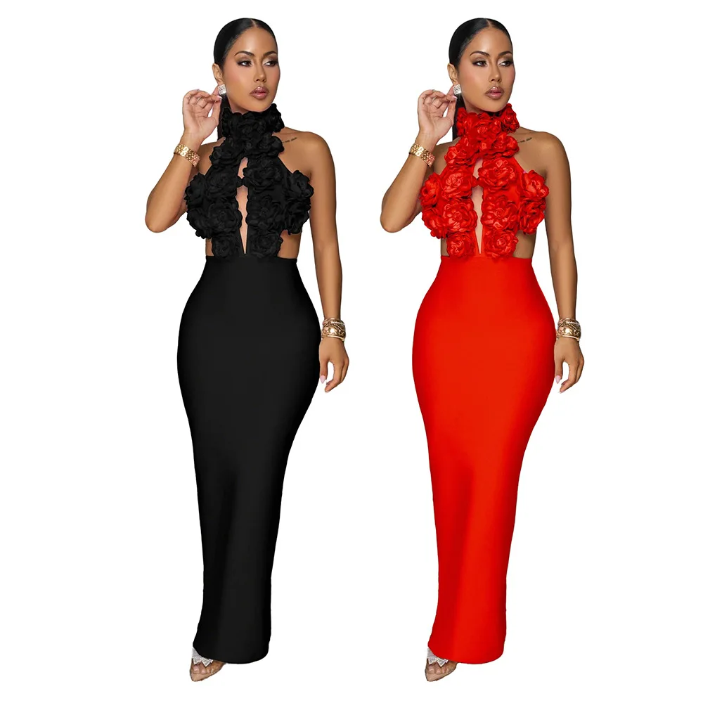 وصل جديد 2026 فستان نسائي ساحر برقبة رسن ثلاثية الأبعاد بدون أكمام مفرغ بدون ظهر فساتين ماكسي مثيرة للحفلات النسائية