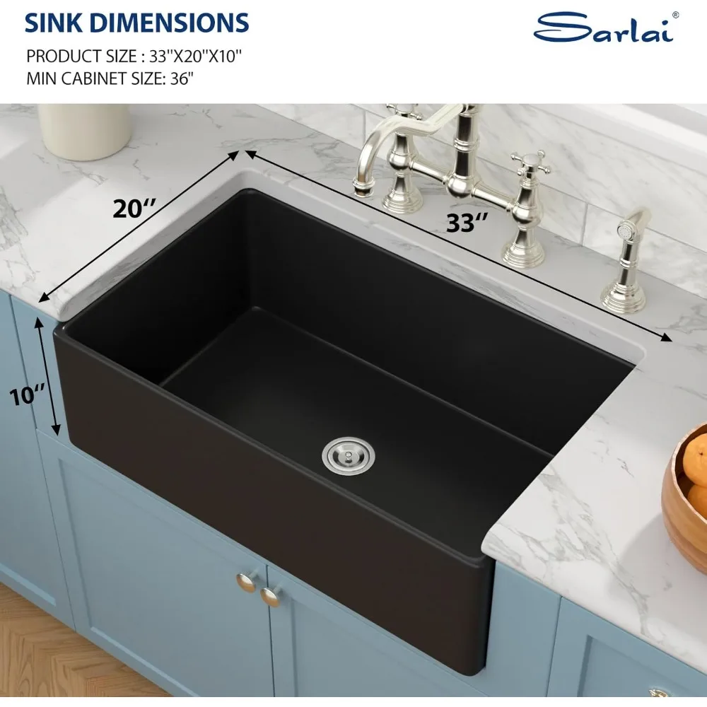 33 بوصة ماتي الأسود Fireclay السيراميك وعاء واحد المئزر حوض المطبخ الأمامي، نمط المزرعة التقليدية، الخزف المتين Constr #4