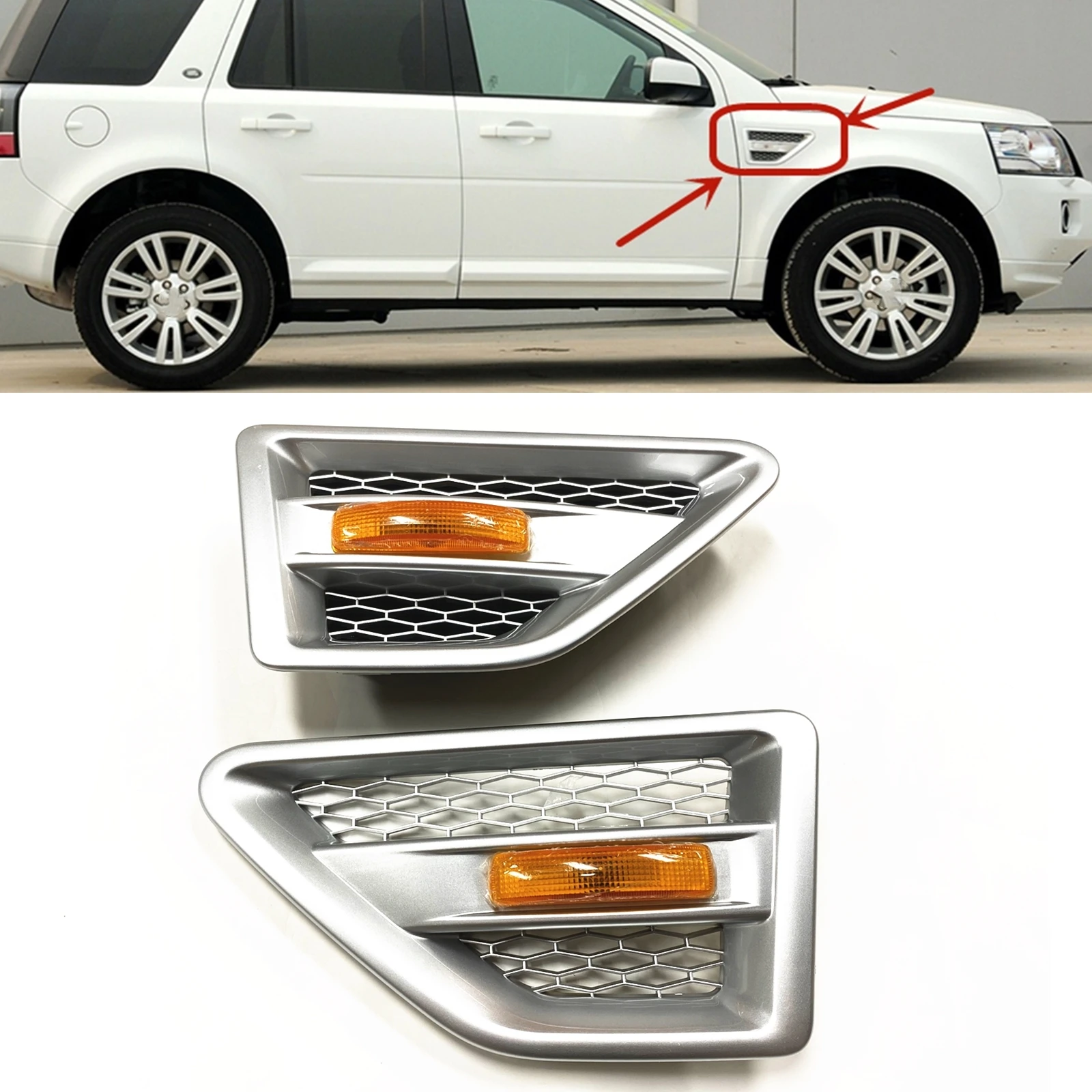 

Side Air Vent Mesh Grille Grill Cover With Light For Land Rover Freelander 2 LR2 2006-2016 Silver/Black Fender Fog Lamp Frame