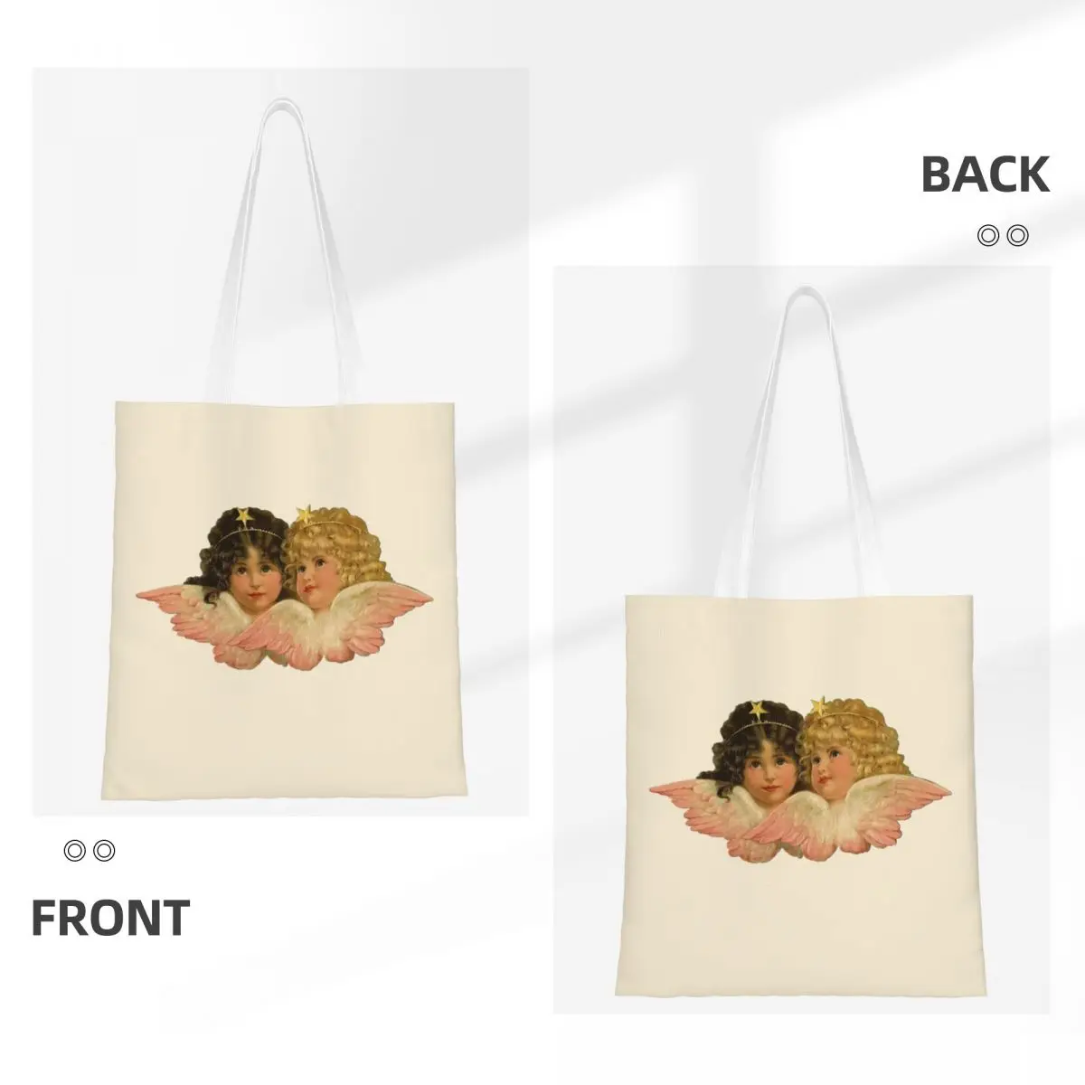 Vintage Cherub Angelic Angels Wearing Crowns Canvas Tote Bag Aesthetic Large Capacity Casual Bags for Unisex