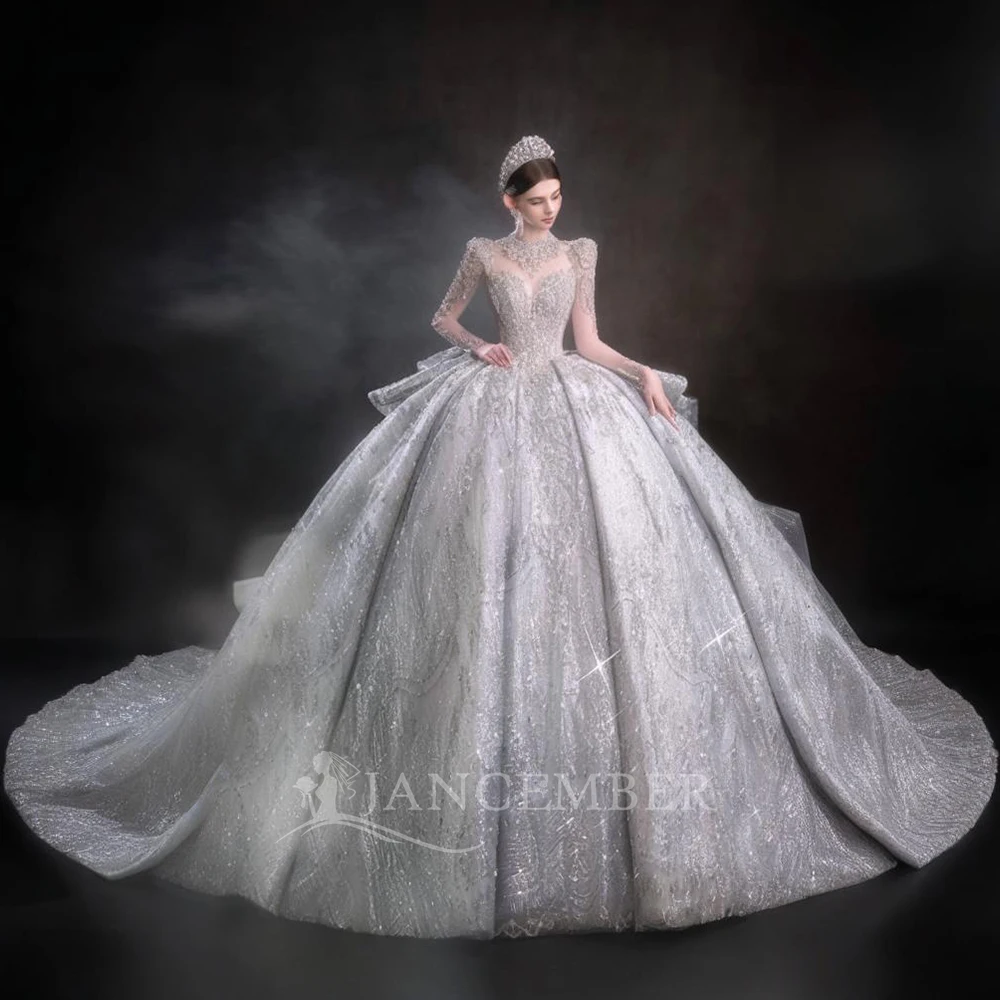 Ball Gown Luxury Wedding Dresses O-Neck Lace Beaded Organza Royal Princess Custom Made Full Sleeves Bridal Gowns robe de mariée