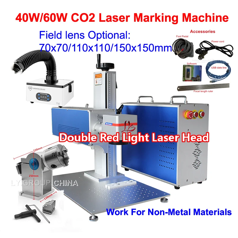 60W CO2 Laser Marking Machine Metal Pipe Laser Engraving Machine 40W With Rotary Axis Smoke Exhaust For Non-Metal Wood Acrylic