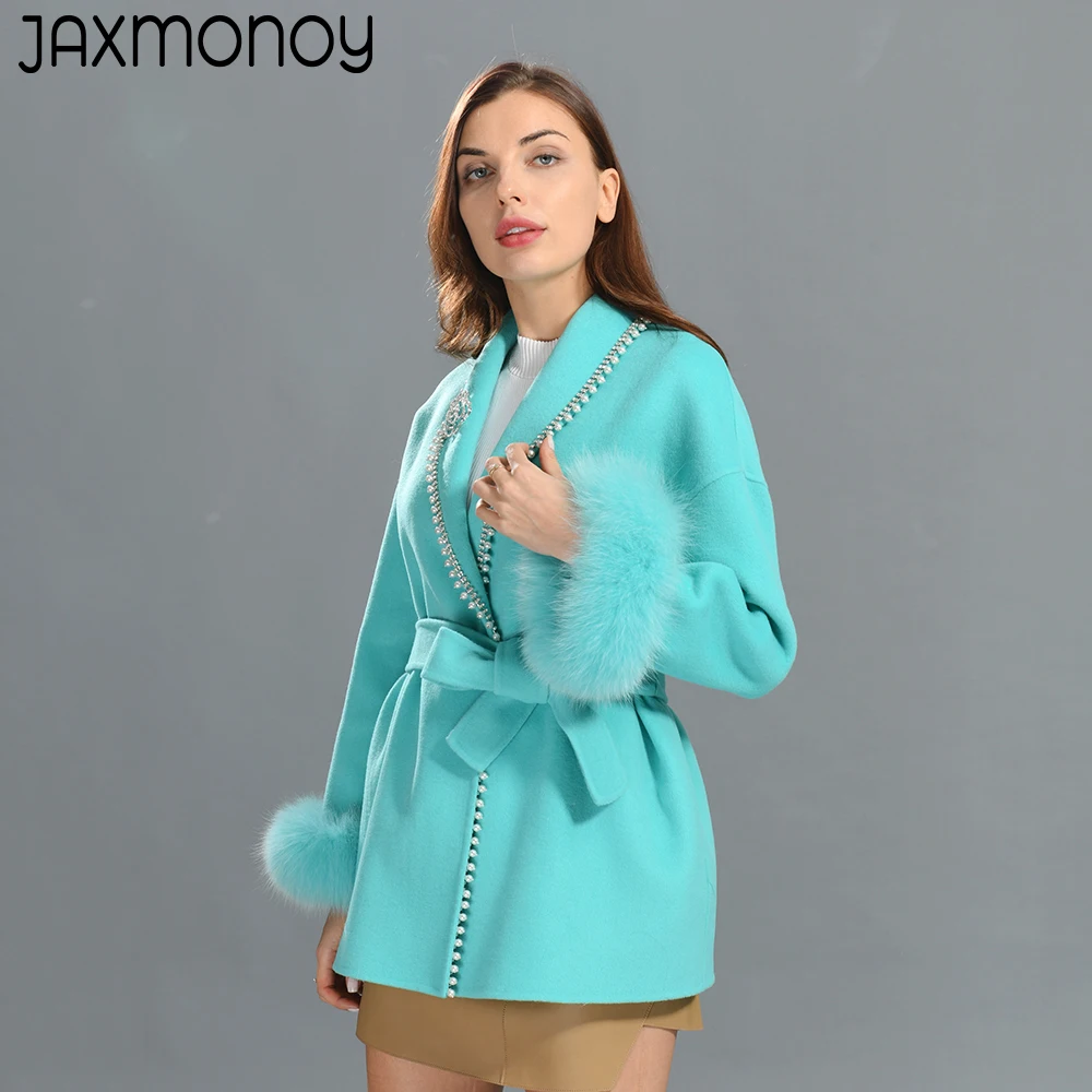 

Jaxmonoy Women Cashmere Wool Coat Real Fox Fur Cuff Pearl Decoration Elegant Rhinestone Rose Brooch Coats Winter Outwear Female