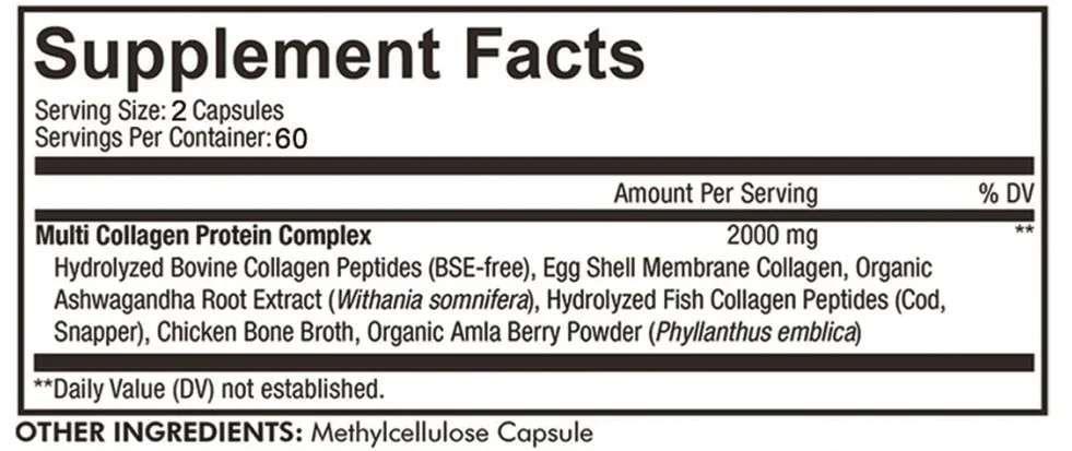 

Multiple Collagen Complex - Types I, II, III, V, and X - Hair, Skin, Nail, Bones, Joint Health Support, Promate Immune System