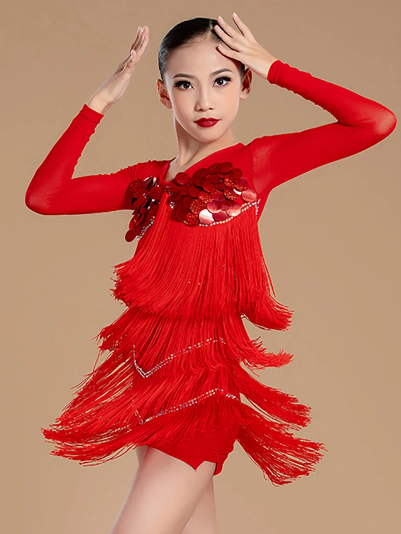 

Kids Children Bright Diamond Mesh Latin Dance Practice Dress for Girls Summer Rumba Cha Cha Tassel Training Dresses