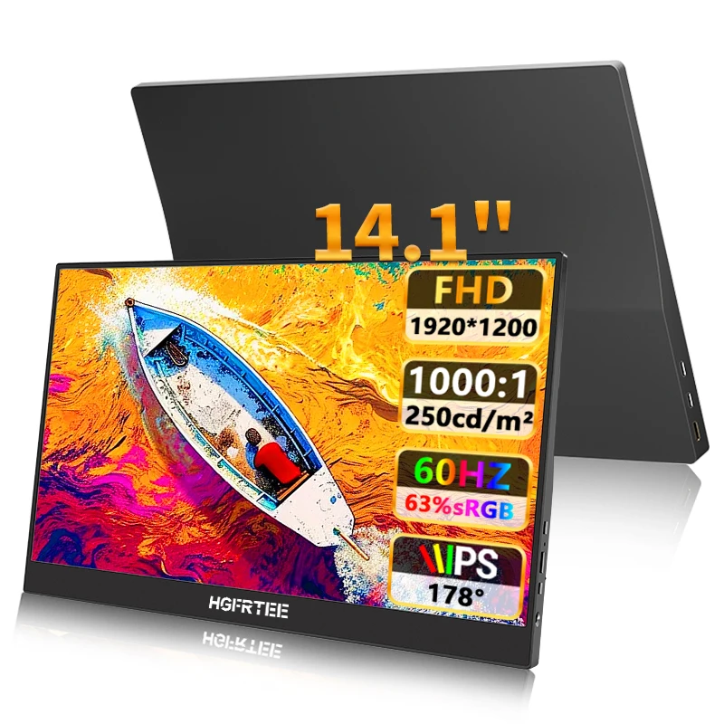 HGFRTEE, monitor portatile IPS da 14,1 pollici con risoluzione 1080P, display da gioco HDR con gamma di colori sRGB al 100%, doppi altoparlanti, formato 16:10, 400 nit, angolo di visione di 178 gradi.