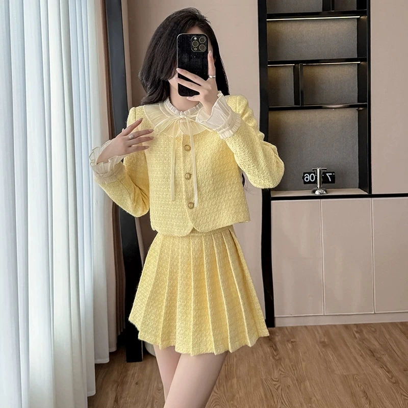 

Женская желтая осенне-зимняя новая плиссированная юбка + короткий топ, куртка, комплект из двух предметов