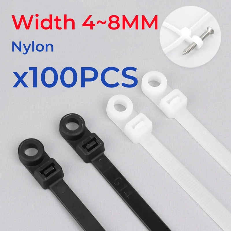 Black White Nylon Screw Hole Cable Ties Multipurpose Heavy Duty Adjustable Self-Locking Cord Ties Straps DIY Fastening Loop