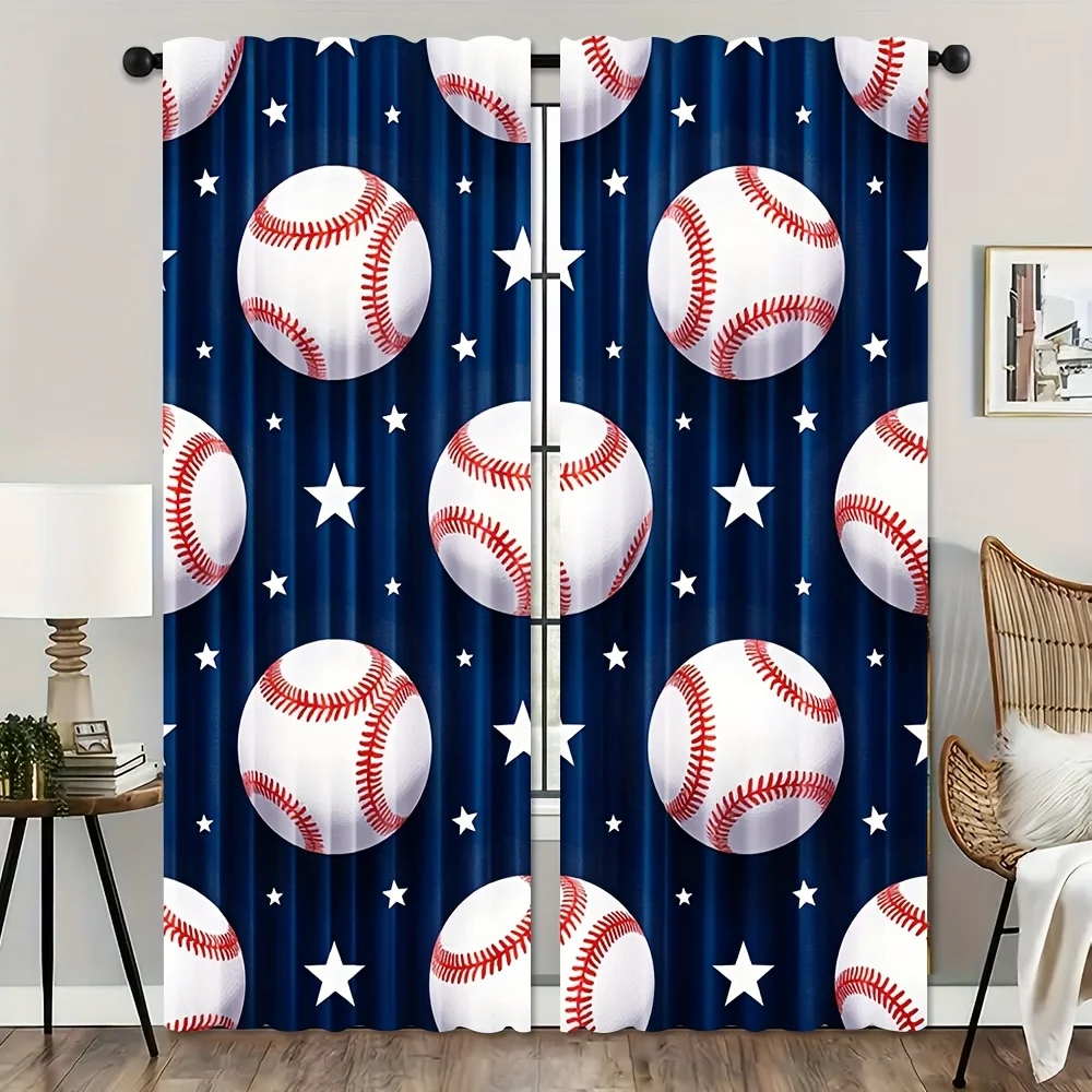 Baseball Theme Curtain, Red & White Baseballs on Navy Blue with Stars, Sports Room Window Drapes