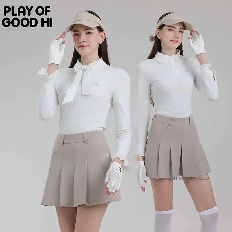 PL Golf Women Long Sleeve Top Bow Ruffle Collar Polo Shirt Slim Sports Jersey Ladies Vintage Golf Tennis Skirts Pleated Skorts