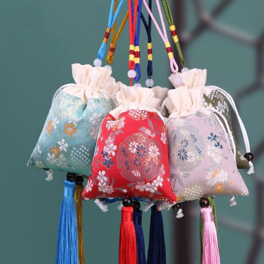 Mini monedero de lona de gran capacidad con borla de flores florales, bolso de mano de flores étnicas, decoración de dormitorio, bolsa de almacenamiento