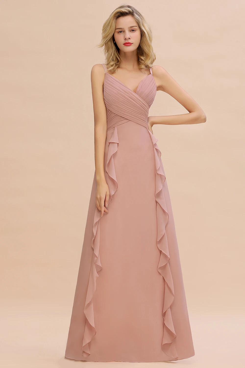 

Dusty Pink Spaghetti Straps Ruffles Bridesmaid Dresses Pleated Backless A-line Long Plain Party Wedding Guest Evening Gowns New