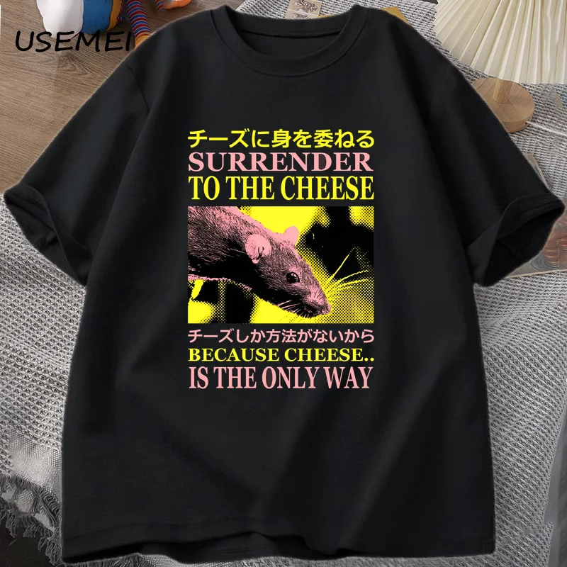 Surrender To The Cheese Funny Meme T-shirt Man Clothes Japanese Rat Graphic T Shirts Men Women Casual Cotton Oversized Tshirt