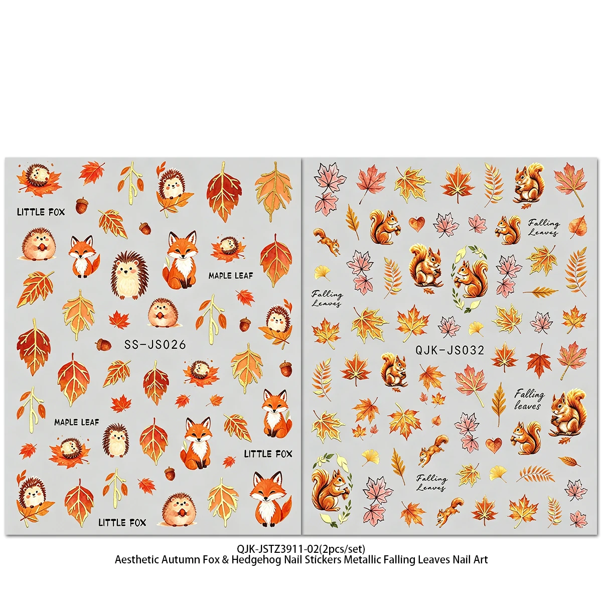 Metallic Autumn Nail Art Decals, Cute Fox Squirrel Hedgehog Maple Leaf Patterns, Retro Orange Gold Fall Theme