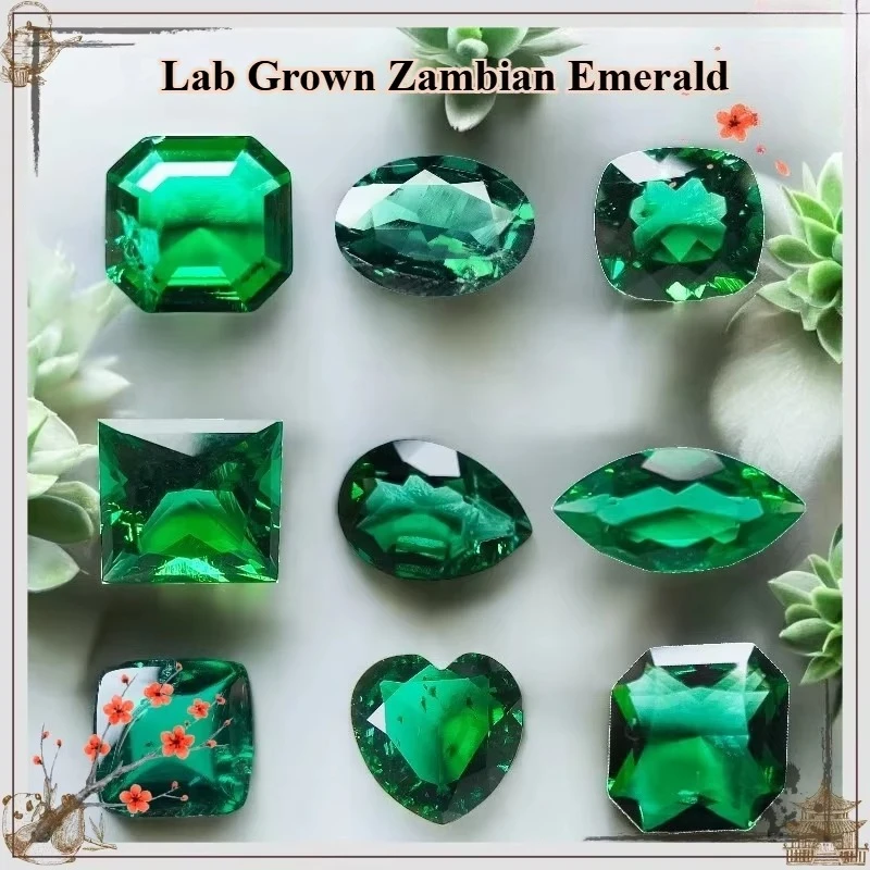 Hand Cutting Lab Grown Zambian Emeralds Hydrothermal Variou Cut Selectable Certificate with Cracks Inclusions Inside