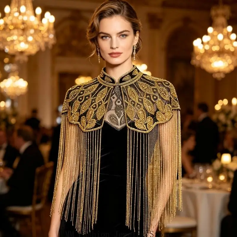 Polyester Evening Shawl Hand-Beaded Detail and Long Fringe Capelet D0UB