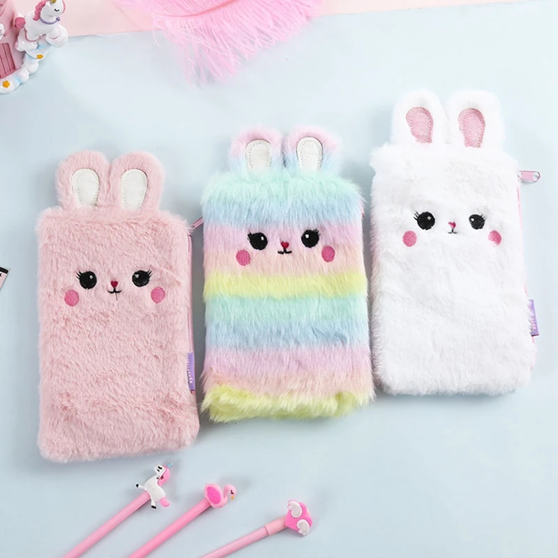 Plush Pencil Case Cute Cat Stationery Plush Pencil Cases Kawaii Back to School Supplies Pencil Bag Korean Rabbit Ears Pen Case