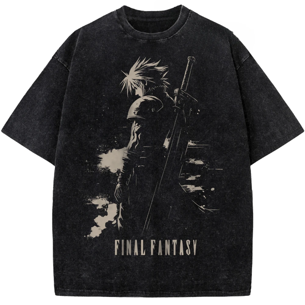 Final Fantasy VII Cloud Strife Graphic Washed T-Shirt Cotton Men Women Streetwear Tee