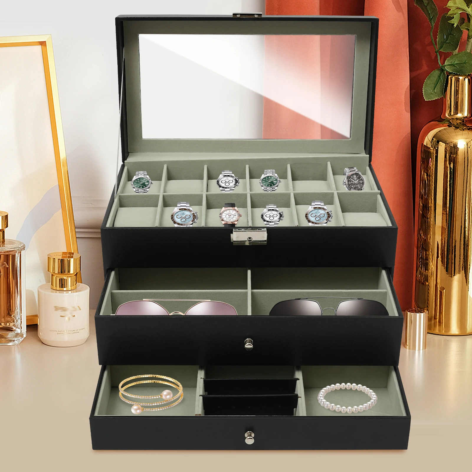 

Трехуровневая шкатулка для хранения украшений, портативный настольный шкафчик для демонстрации коллекции ювелирных изделий, футляр для часов с мягким бархатным покрытием
