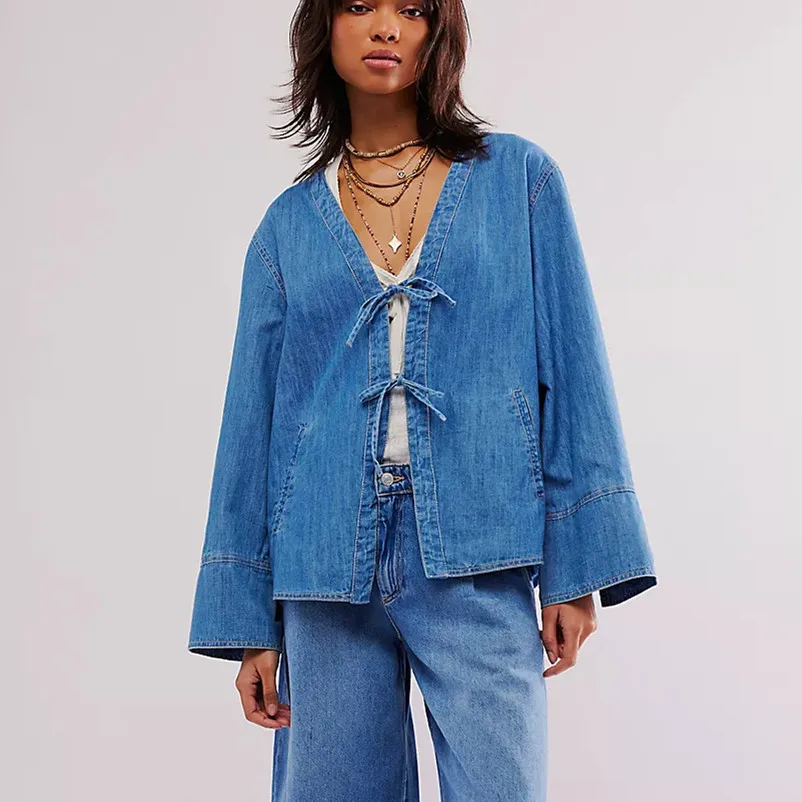 Fashion Women Tie Front Denim Shirt Y2k Loose Casual Long Sleeve Jean Jacket Jean Coat Tops With Pockets Vintage Outfits