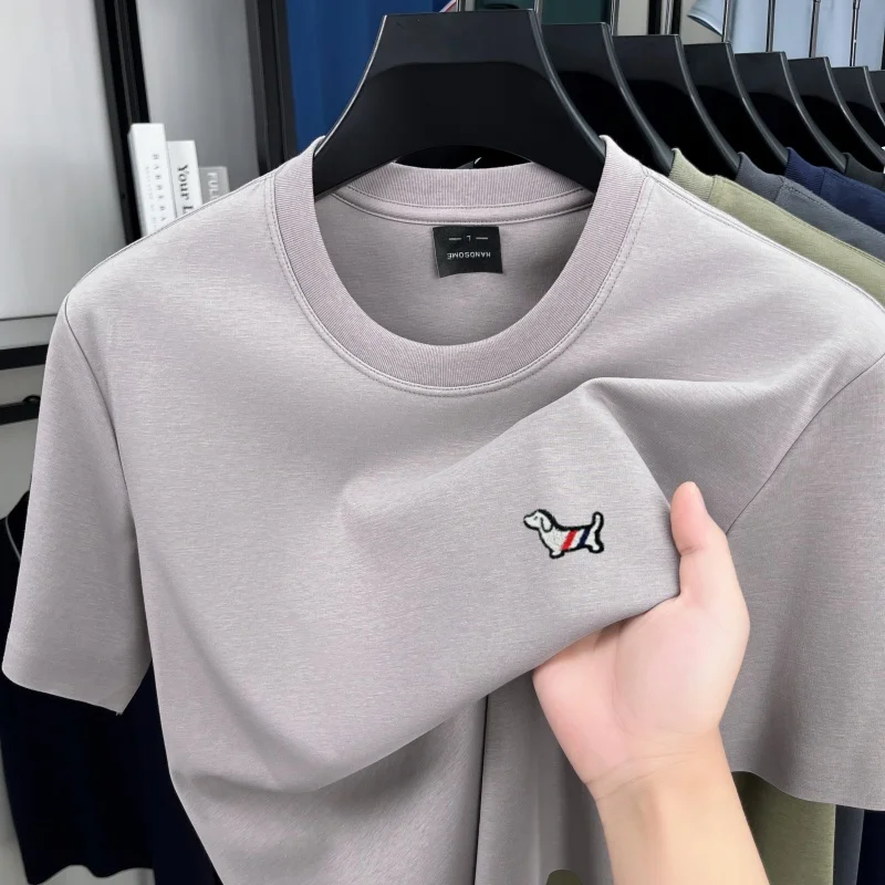 Light luxury men short sleeve T-shirt high-end brand summer ice silk cotton youth Korean style puppy embroidered round neck top