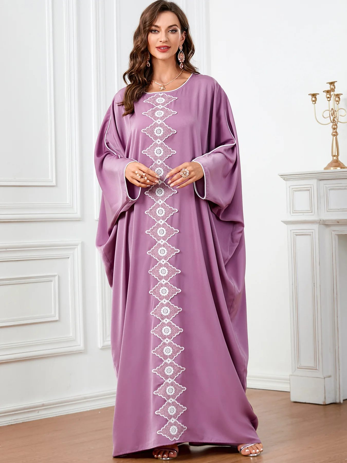 Solid Patchwork Muslim Dresses Women Elegant Batwing Sleeve Casual Long Robe Dress O-Neck Loose Fashion Spring Summer