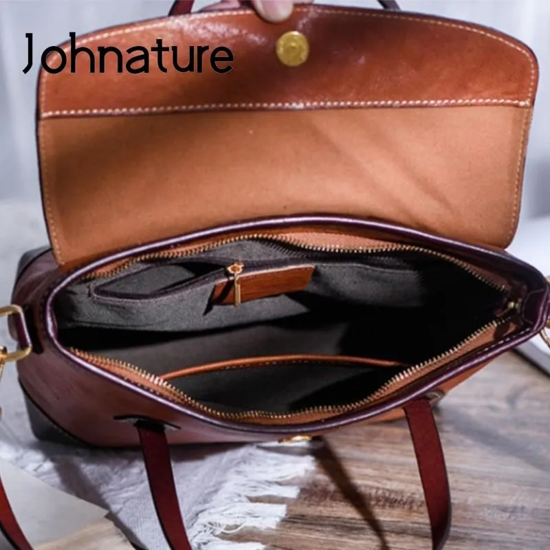 Johnature Hand Painted Vintage Roman Bag 2024 New Genuine Leather Simple Women Handbag Natural Real Cowhide Shoulder Bags