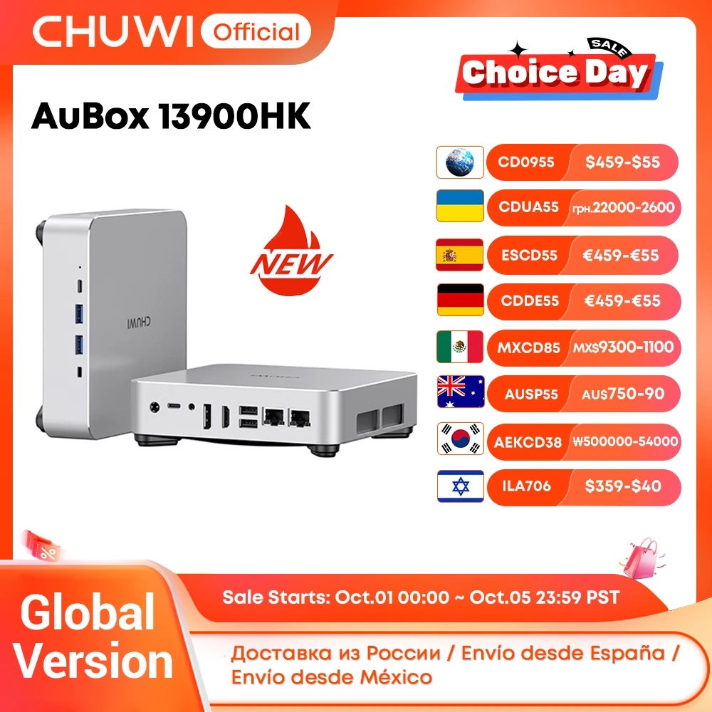 CHUWI AuBox Mini PC 14 Cores i9-13900HK 32 GB DDR4 1 TB SSD Windows 11 Pro WiFi 6 BT 5.2 Verlengen M.2 1T * 2 Desktop Computer