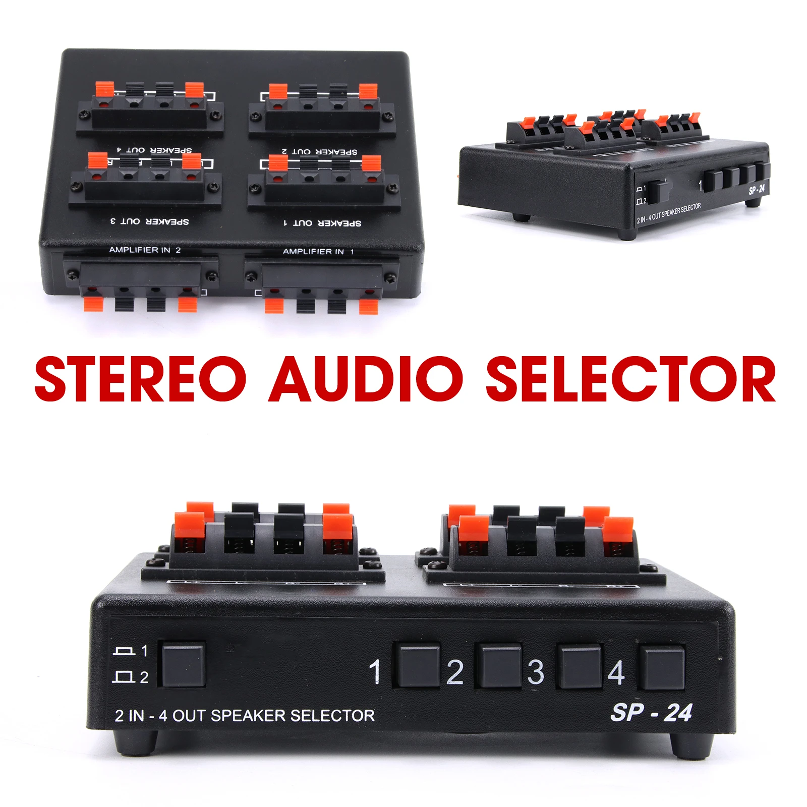New Mini 2-IN-4-OUT Stereo Audio Selector Amplifier Switcher Box Speaker Splitter SP-24B SP-24 SP-220S Original high quality