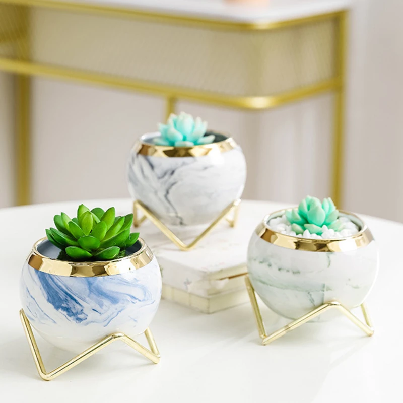 NEW Creative Nordic Succulent Plant Flower Pot Decorative Cactus Iron Ceramic Flowerpot Golden Container Home Office Furnishings