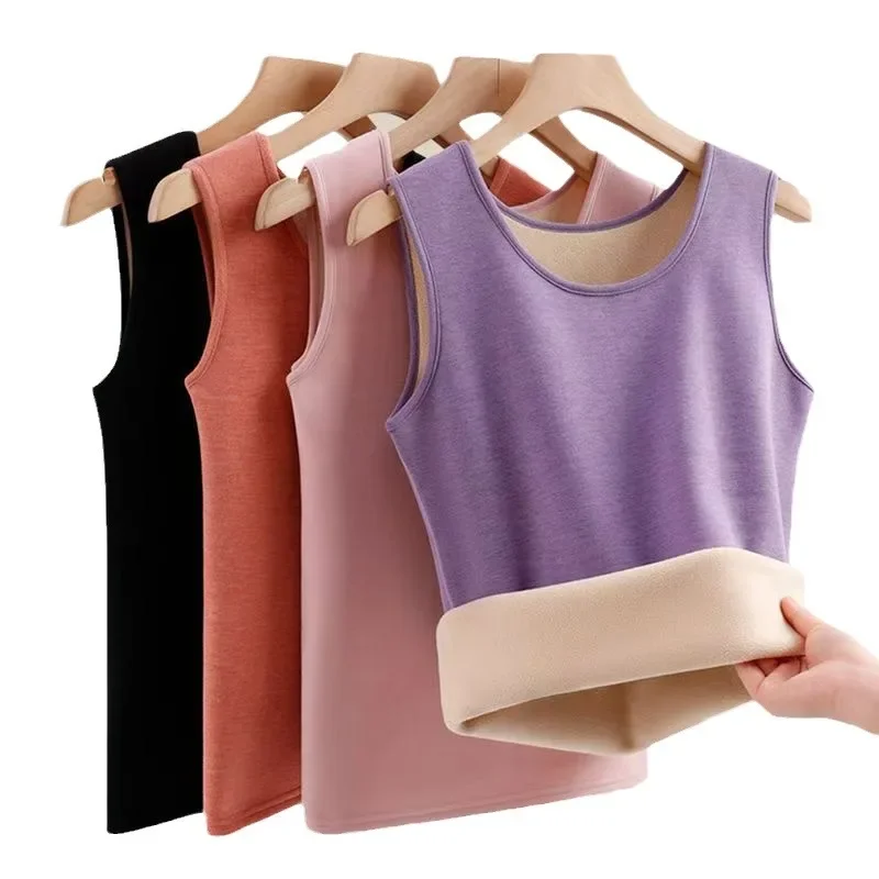 Women Winter Thermal Underwear Tank Top Casual Slim Fit Warm Fleece Plush Vevelt Long Sleeves O-neck Vest T-shirt Basic Pullover