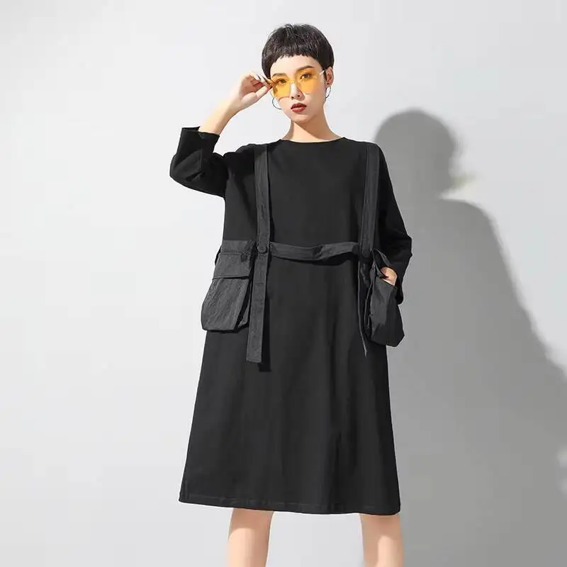 

Ladies Dress Summer New Style Personality Large Pocket Shoulder Strap Decoration Fashion Tide Brand Leisure Loose Large Dress