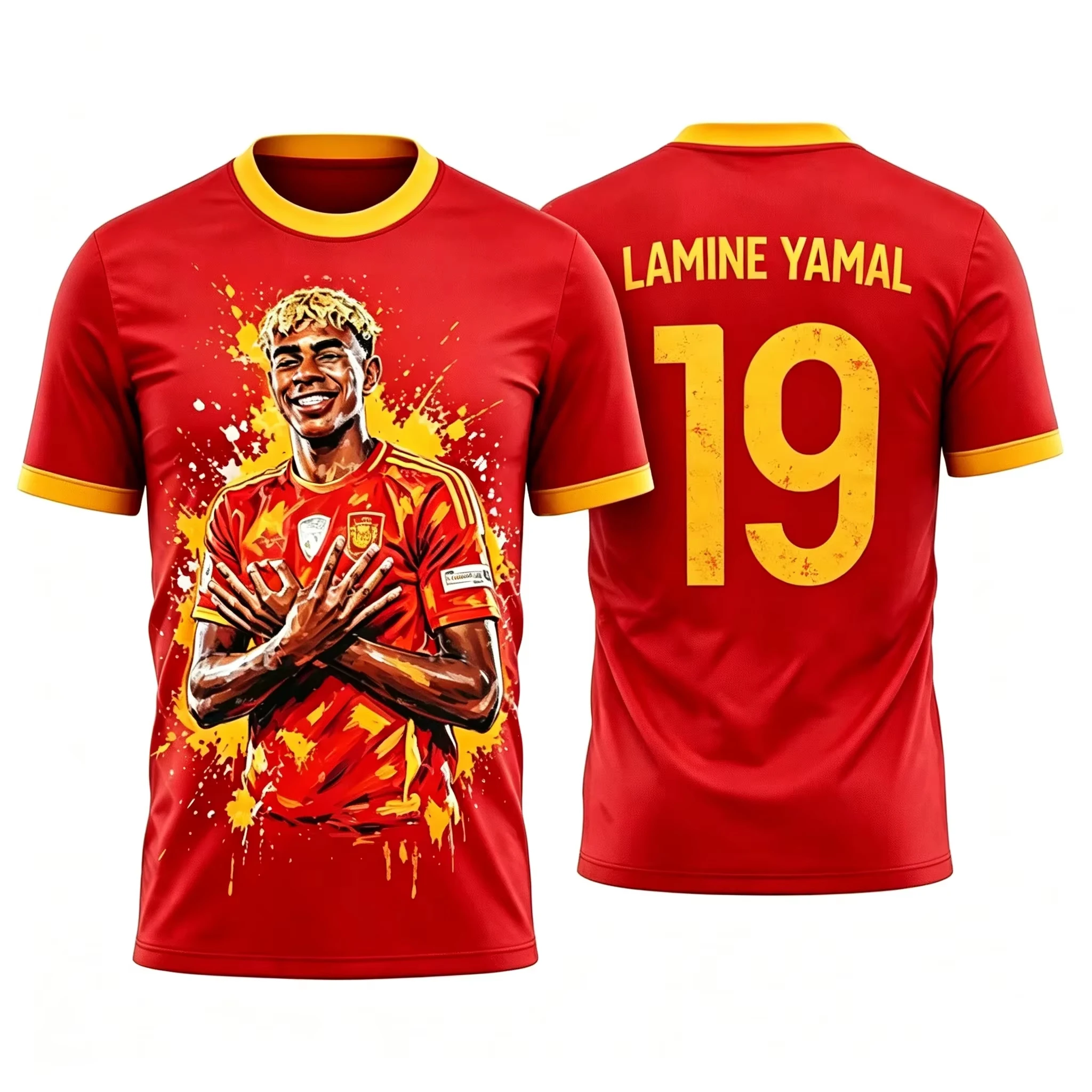 Spain Inspired Red Sport Jersey Splash Figure Print No.19 Golden Trim Quick Dry Unisex Breathable Training Tee for All Ages
