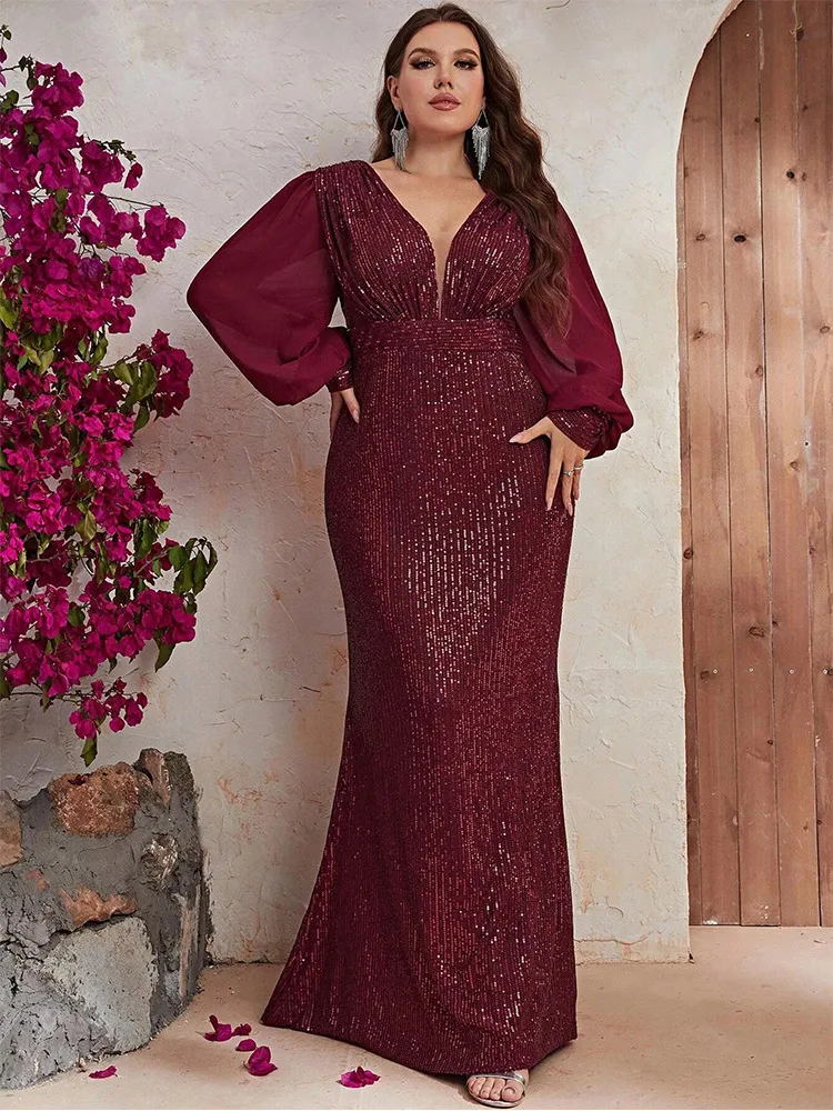 Plus Size 4xl 5xl V-Neck Long-Sleeved Backless Burgundy Sequined Long-Sleeved Evening Dress Luxury Banquet Evening Dress