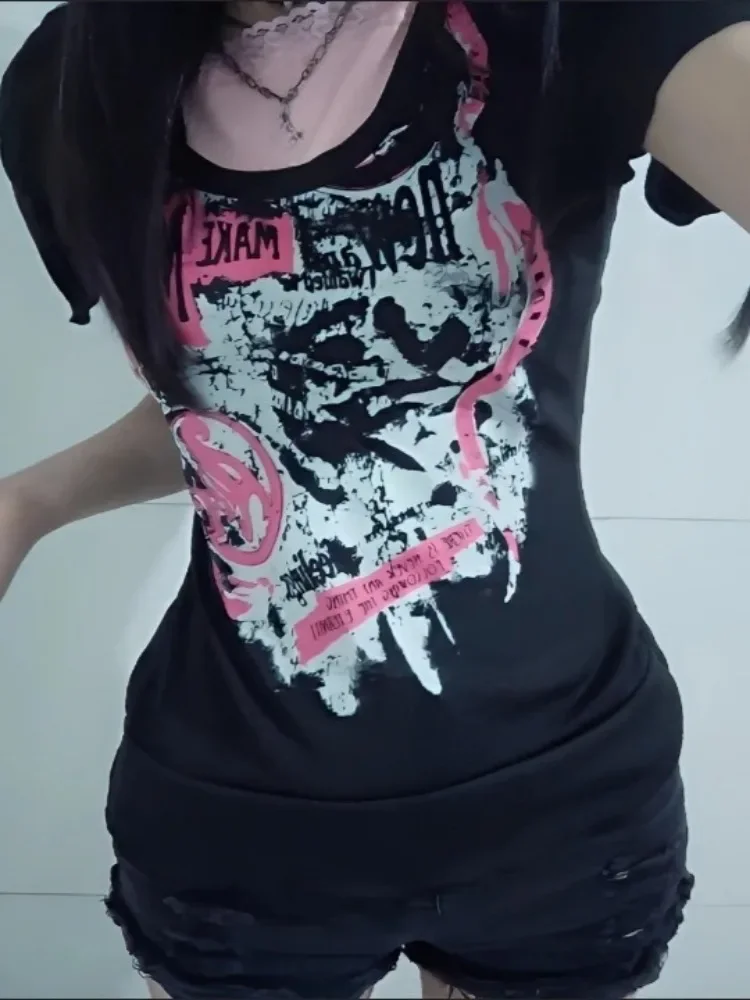 

Летние американские ретро-узорные топы из двух предметов с принтом, женские футболки с короткими рукавами Y2k в стиле Харадзюку, повседневные модные уличные футболки Y2k