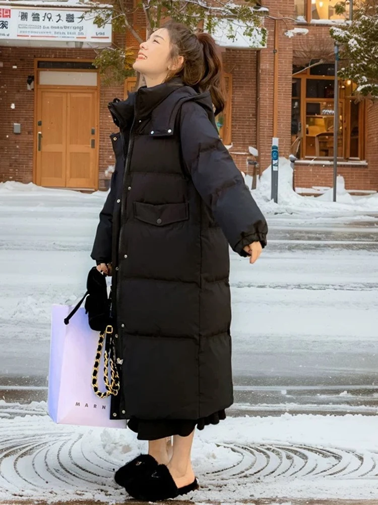 Black long style cotton jacket women's winter 2025 new Korean version college style over the knee warm thick cotton jacket