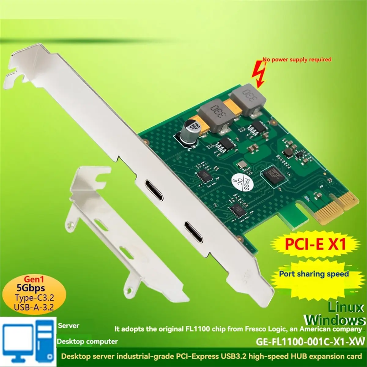 NEW FACTORY~USB3.0 PCI-E Expansion Card USB-C Gen1 HUB Adapter Card 5.0Gbps FL1100 Chip Power-Free view 2
