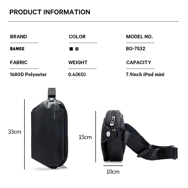 BANGE Men Oxford Anti-theft Zipper Fashion Multifunction Crossbody Bag Shoulder Bag Travel Messenger Pack Chest Bag for Male