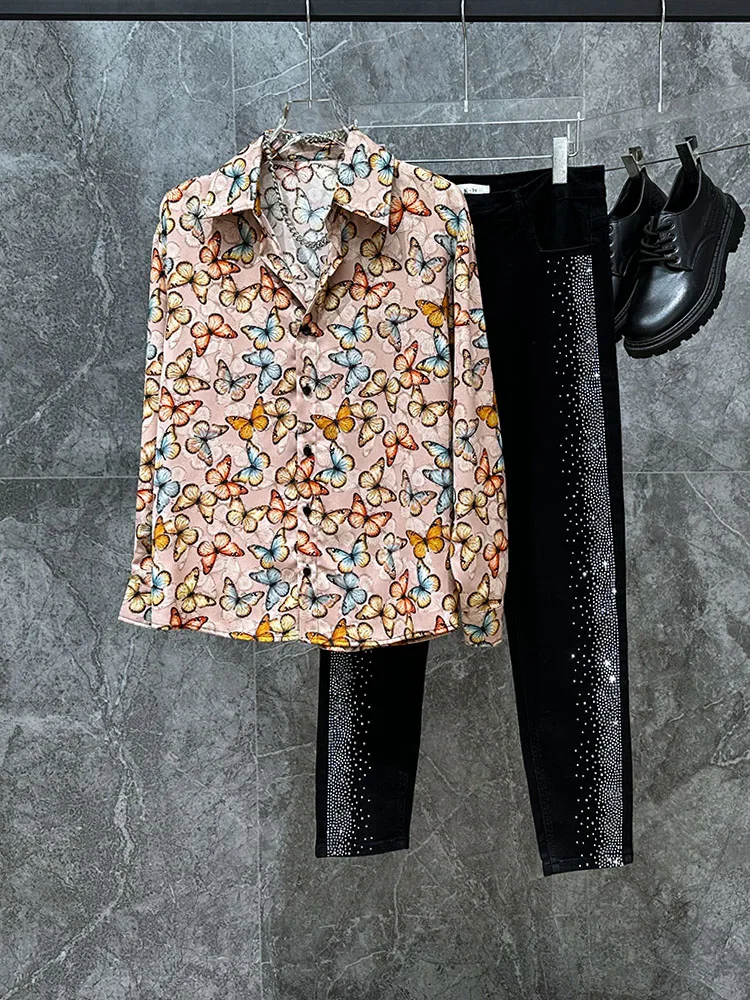 

Retro Hong Kong Sle Long Sve Print irt Men's Loose Casual Design Point Collar irt Iron-Free Youth Faion