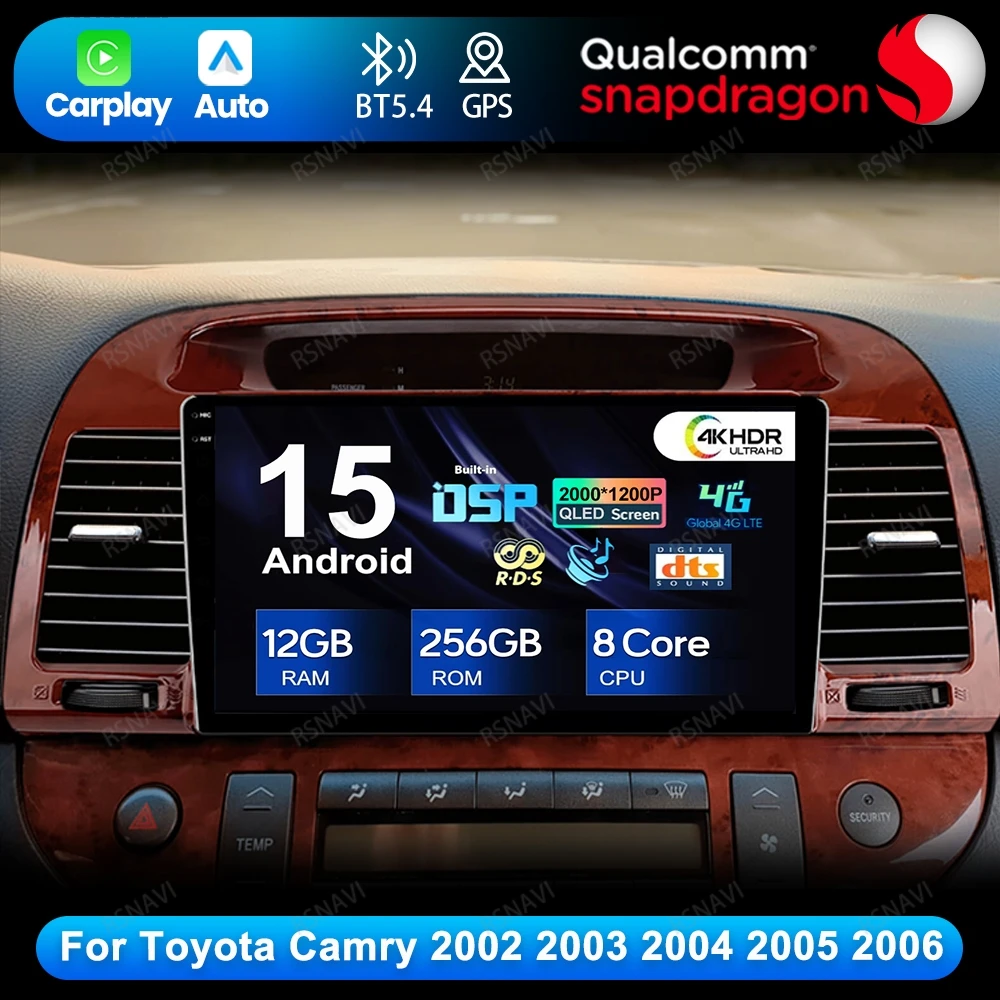 

Android 15 для Toyota Camry 2002 2003 2004 2005 2006, головное устройство навигации QLED мультимедийный проигрыватель Viedo Qualcomm DVD GPS 4G LTE