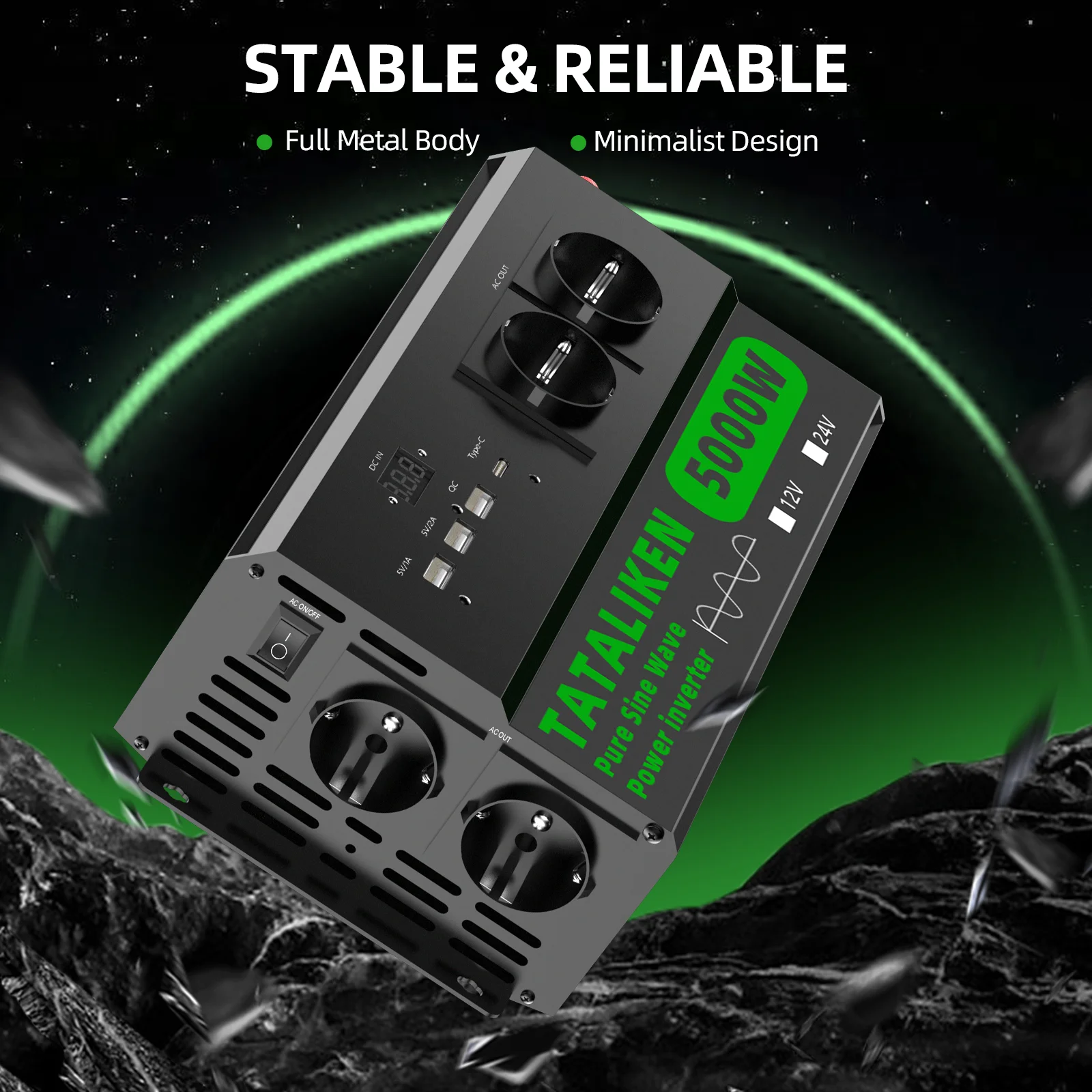 USB, TYPE-C and EU socket pure sine wave inverter DC 12V to AC 220V 50HZ voltage conversion converter adapter LED display