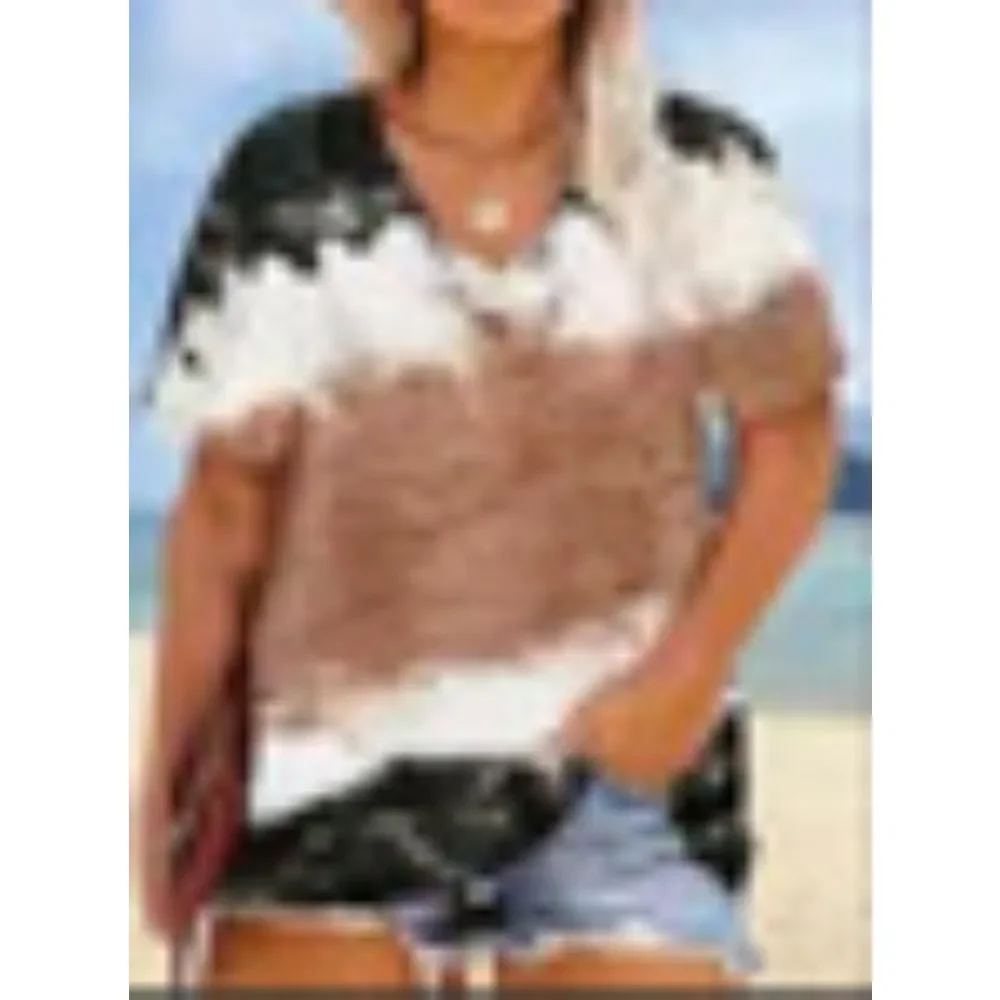 

Plus Size 1XL-5XL Fashion Contrast Color Block Printed T-shirt Women's V-neck Loose Short Sleeve Casual Basic Top